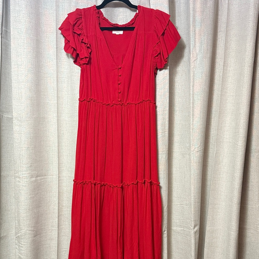 Chic Red Maxi Dress with Ruffled Sleeves